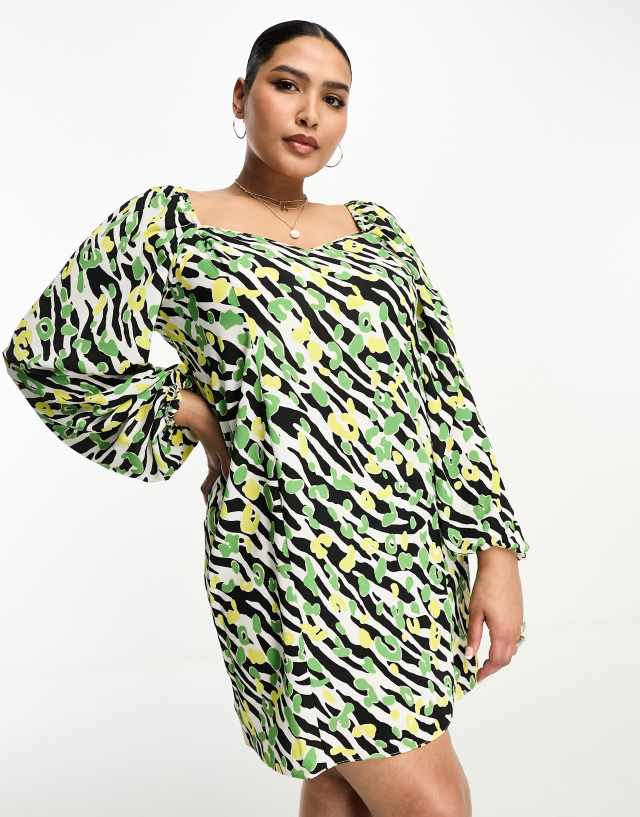 ASOS Curve - ASOS DESIGN Curve flared sleeve mini tea dress in abstract zebra print