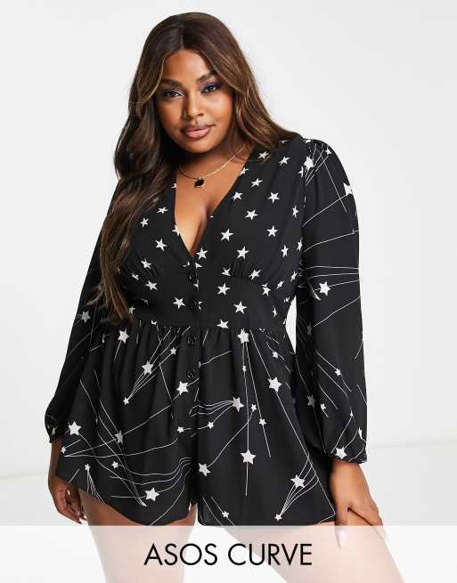 ASOS DESIGN Curve – Flerfärgad, stjärnmönstrad playsuit med djup urringning och puffärmar i bubblig crepe