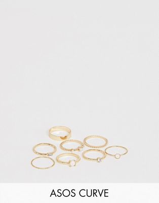 ASOS DESIGN Curve – Flerpack med 8 guldfärgade ringar med pärlor och oäkta opaler