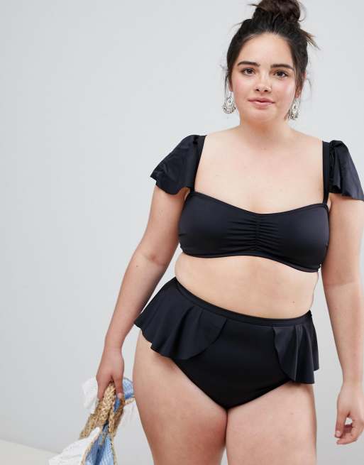 ASOS DESIGN Curve floaty frill layer detail high waist pant in black, 3 of 4