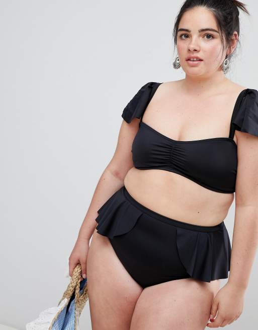 ASOS DESIGN Curve floaty frill layer detail high waist pant in black, 4 of 4