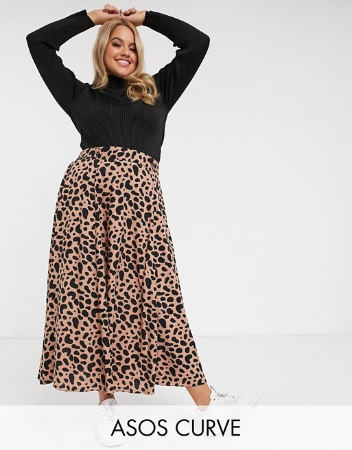 ASOS DESIGN Curve floaty midi skirt with button waist detail in leopard print