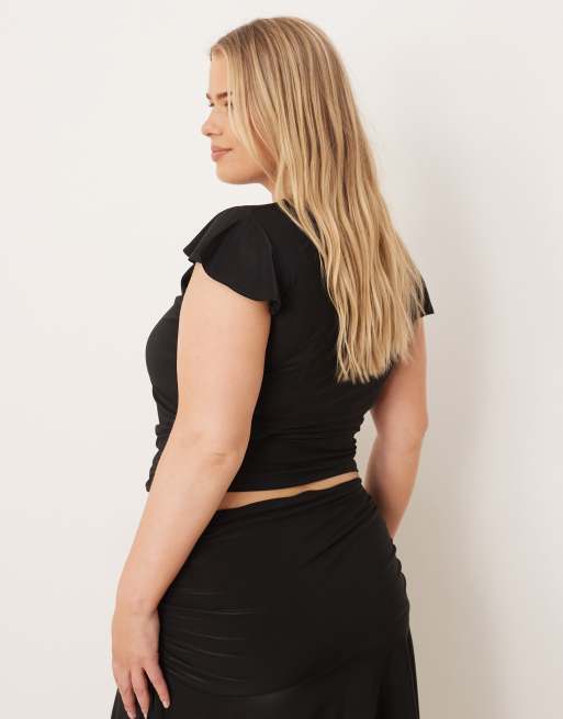 ASOS DESIGN Curve floaty top with cap sleeves and ruched under bust in black - part of a set, 3 of 4