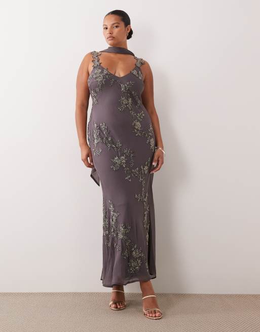 plus size grey maxi dress ASOS DESIGN Curve floral embellished cami with scarf in charcoal gray COUNT-17