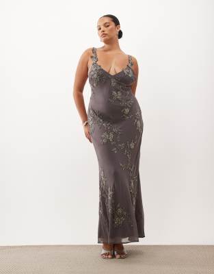 Asos Curve Asos Design Curve Floral Embellished Cami Maxi Dress With Scarf In Grey