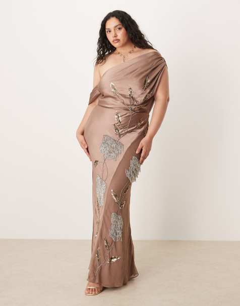 ASOS DESIGN Curve floral embellished chiffon satin mix maxi dress in mocha - view 1