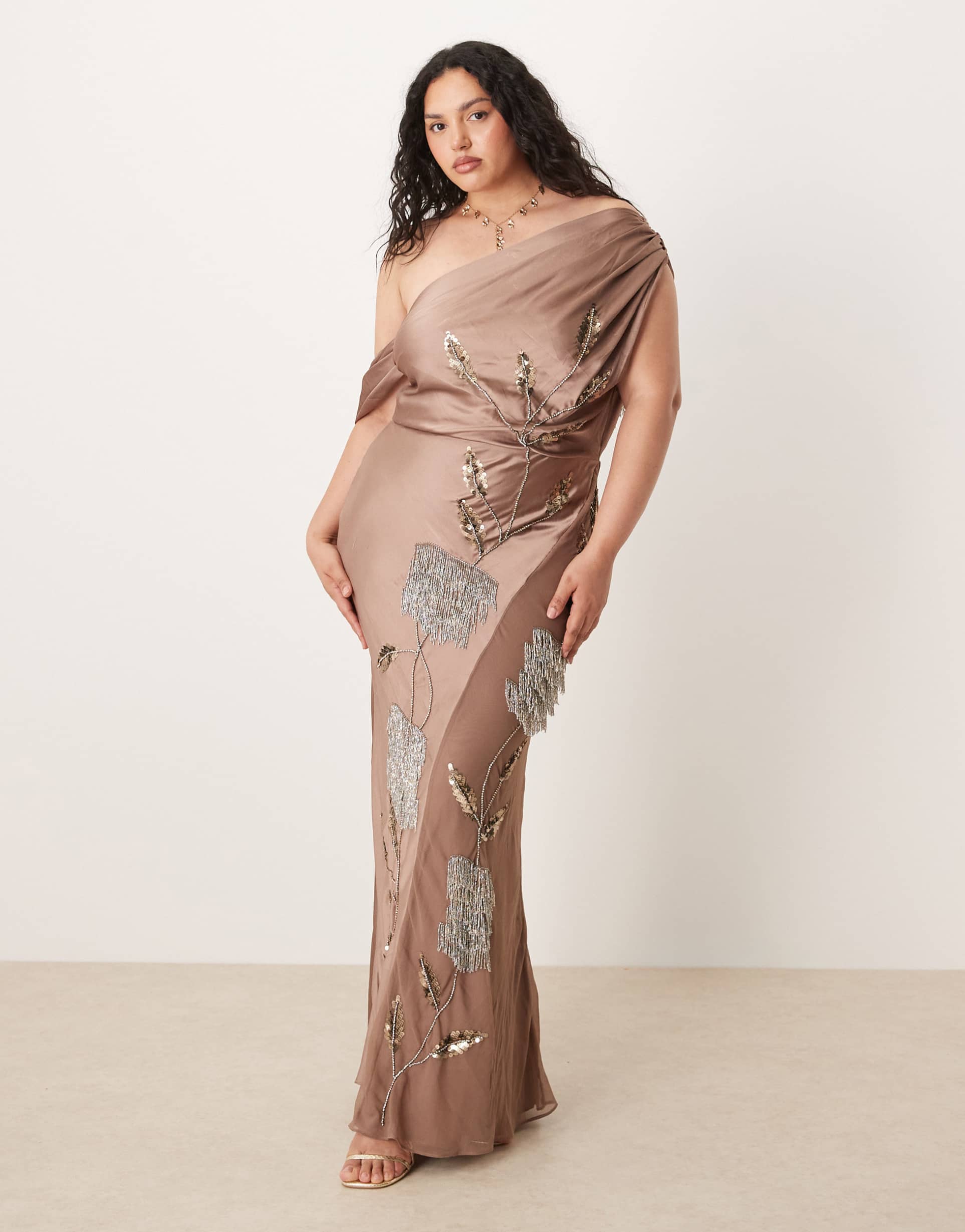 asos design curve floral embellished chiffon satin mix maxi dress in mocha