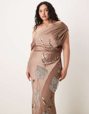 Asos Curve Asos Design Curve Floral Embellished Chiffon Satin Mix Maxi Dress In Brown