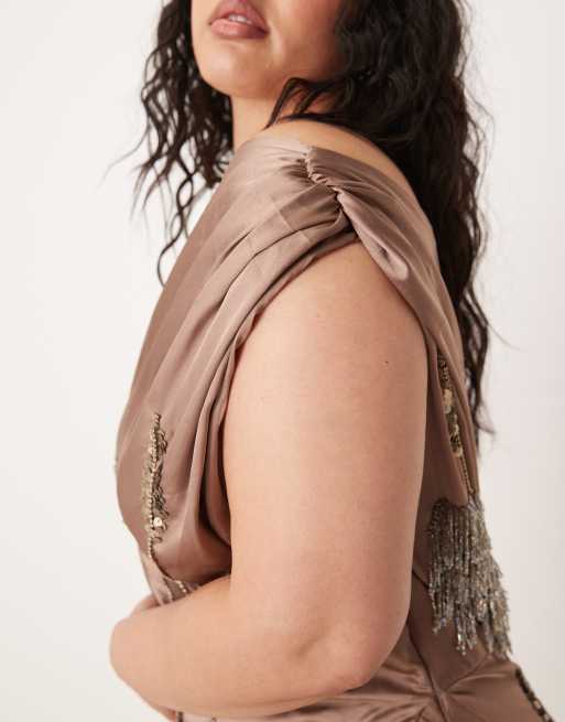 ASOS DESIGN Curve floral embellished chiffon satin mix maxi dress in mocha