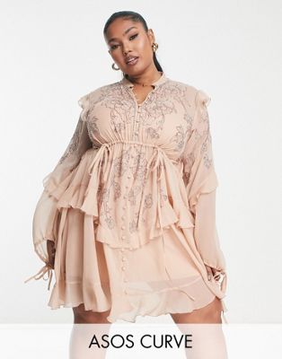 ASOS DESIGN curve floral embellished frill detail mini dress with button front in blush-Pink