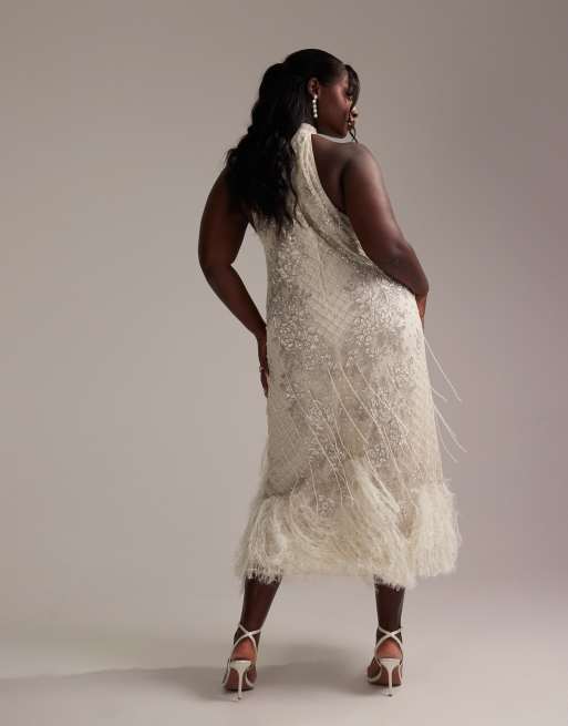 ASOS DESIGN Curve floral embellished halter maxi wedding dress with fringe hem, 3 of 6