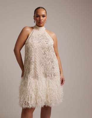 Asos Curve Asos Design Curve Floral Embellished Halter Mini Dress With Faux Feather Hem-white
