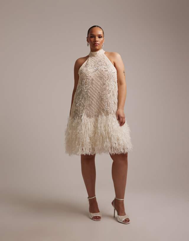 halter dress with feathers ASOS DESIGN Curve floral embellished mini faux feather hem long feather dress