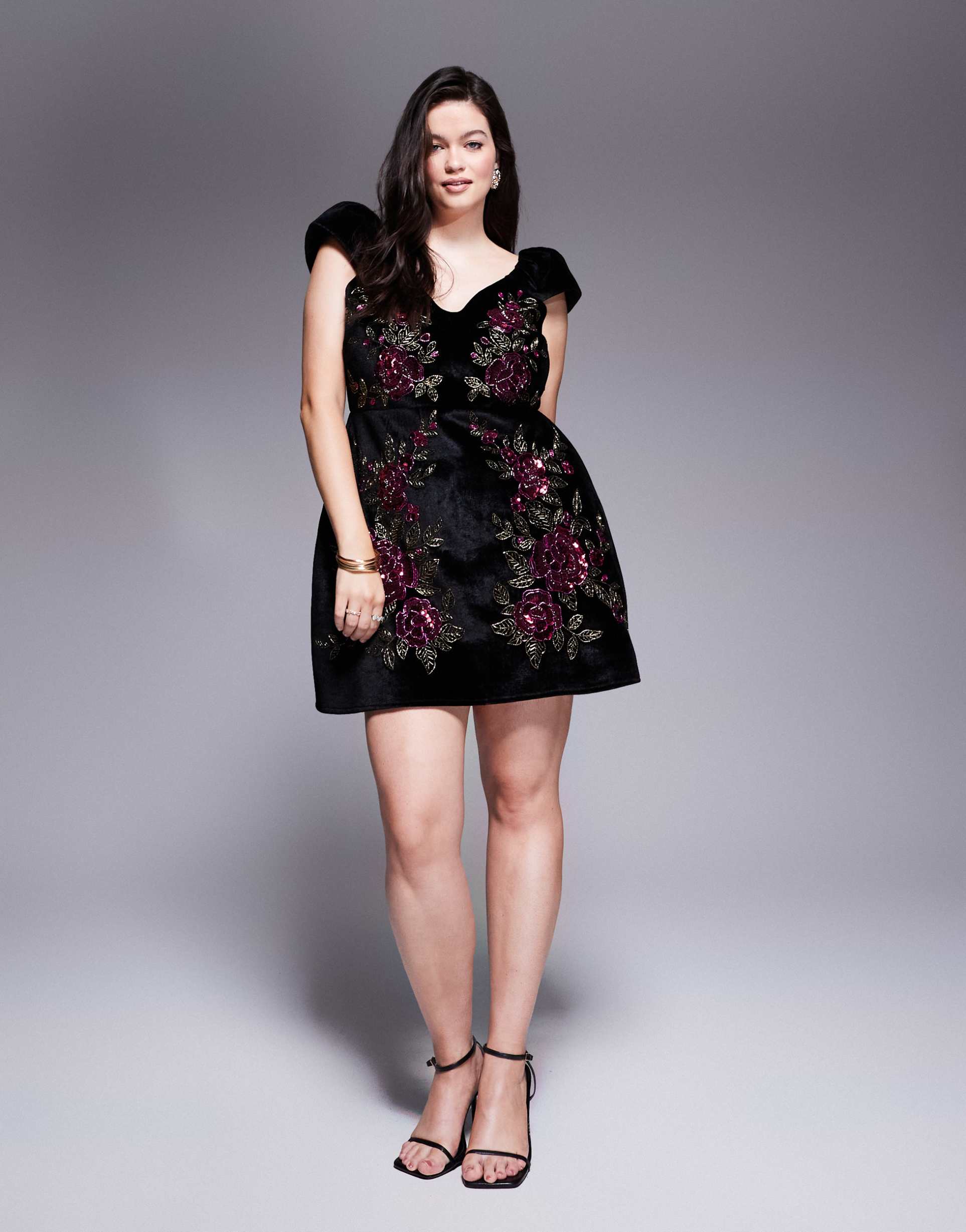 asos design curve floral embellished velvet mini dress in black