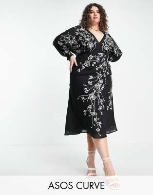 ASOS Curve ASOS DESIGN Curve floral embroidered batwing midi dress in black