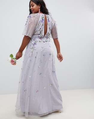 asos design floral embroidered dobby mesh flutter sleeve maxi dress