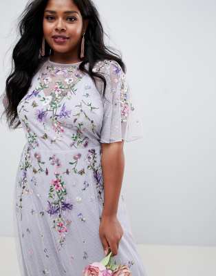 asos design tall floral embroidered dobby mesh flutter sleeve maxi dress