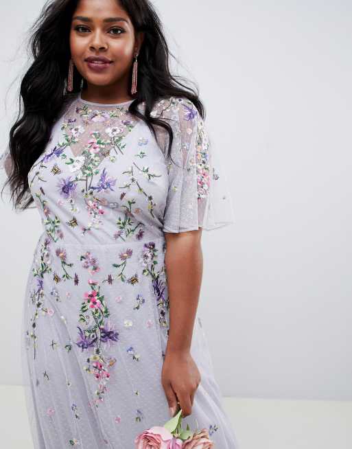 Floral embroidered dobby mesh shop flutter sleeve maxi dress