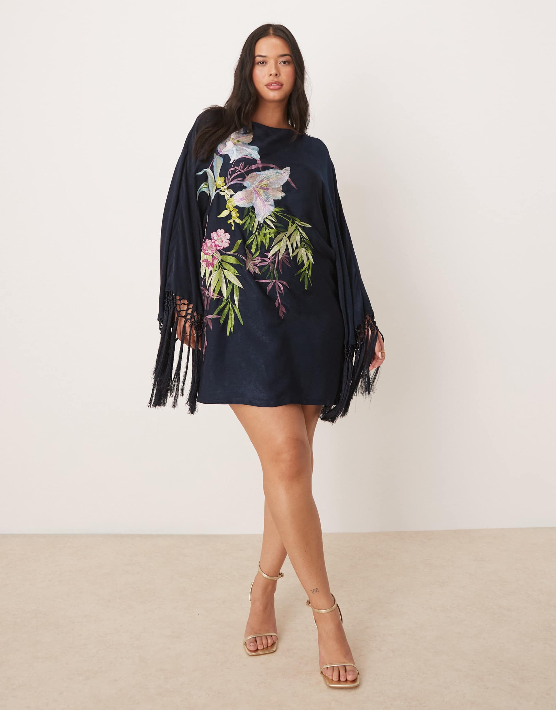 asos design curve floral embroidered long sleeve mini dress with fringe in navy