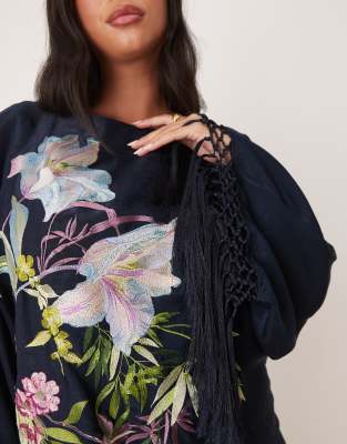 ASOS DESIGN Curve floral embroidered long sleeve mini dress with fringe in  navy | ASOS