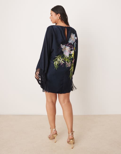 ASOS DESIGN Curve floral embroidered long sleeve mini dress with fringing in navy, 2 of 4