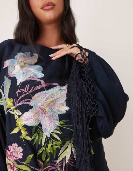 ASOS DESIGN Curve floral embroidered long sleeve mini dress with fringing in navy, 3 of 4