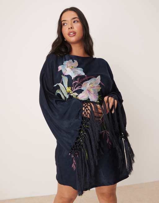 ASOS DESIGN Curve floral embroidered long sleeve mini dress with fringing in navy, 4 of 4