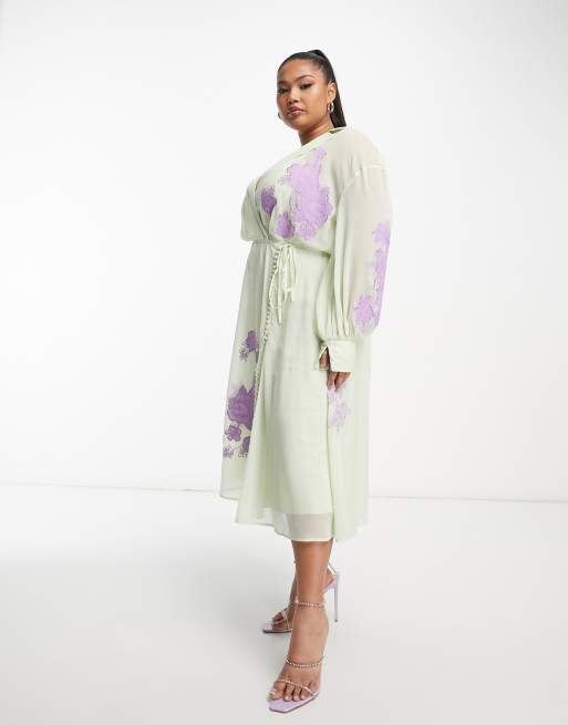 Asos design long cheap sleeve embroidered midi dress