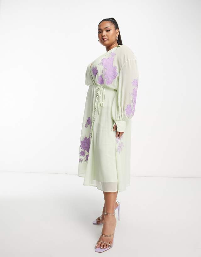 ASOS DESIGN Curve floral embroidered midi dress with lace insert and satin tie detail in green