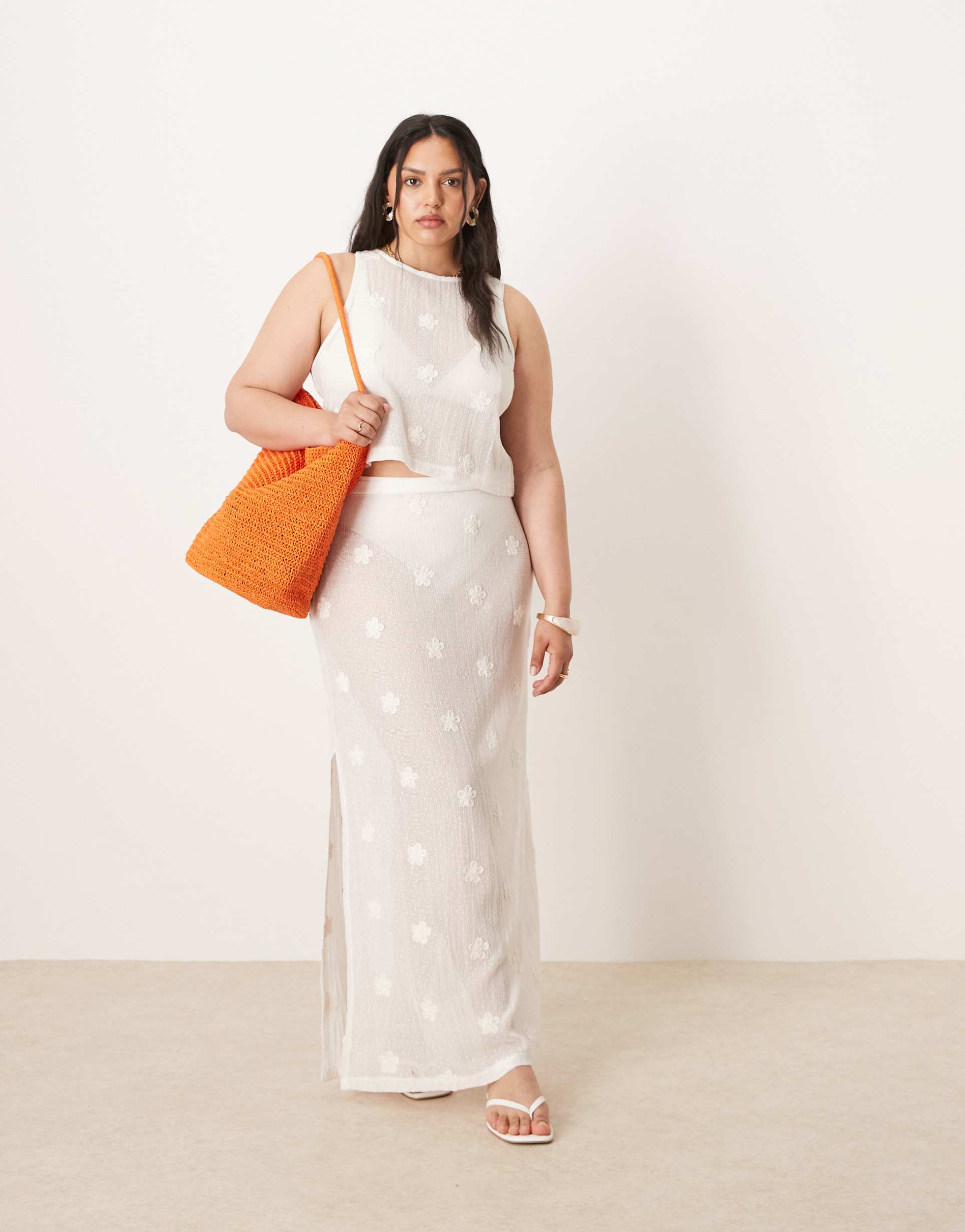 asos design curve floral embroidery mesh tie side detail maxi skirt in white - part of a set