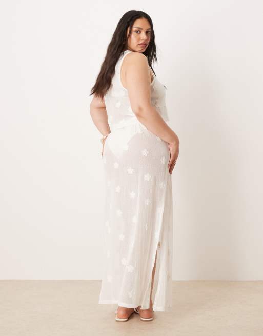 ASOS DESIGN Curve floral embroidery mesh tie side detail maxi skirt in white  - part of a set | ASOS