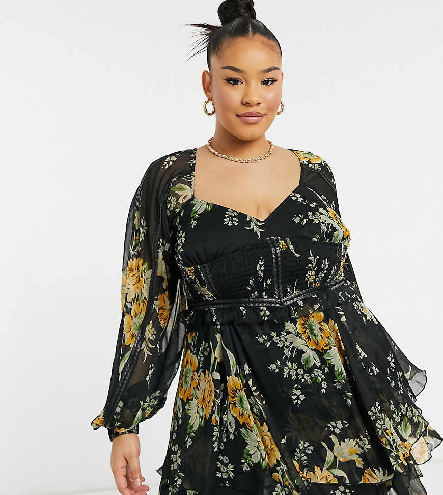ASOS DESIGN Curve floral printed textured mini dress with faux-leather tape detail-Multi
