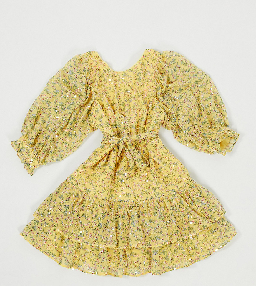 ASOS DESIGN Curve floral sequin mini skater dress with tie wrap around in yellow-Multi