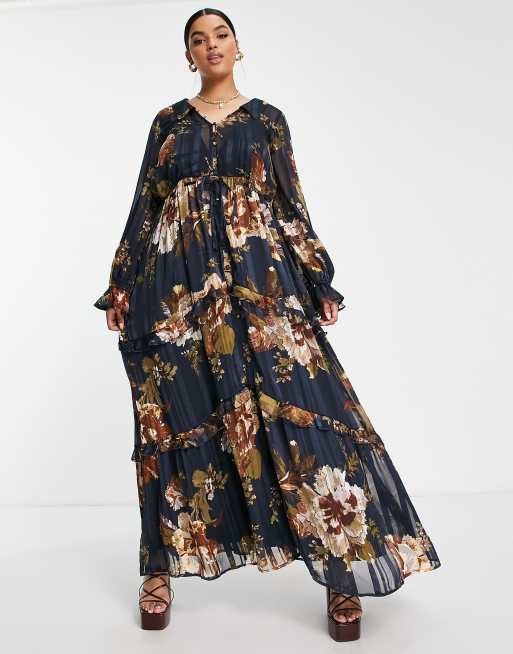 ASOS DESIGN Curve floral tiered maxi dress with tie front in satin stripe