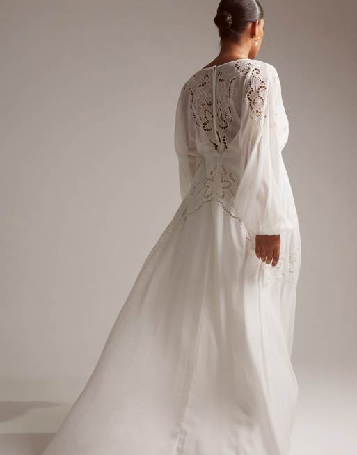 ASOS DESIGN Curve Florence plunge long sleeve wedding dress with