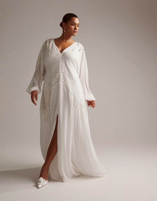 ASOS DESIGN Curve - Florence - Vestito da sposa a maniche lunghe con dettaglio in pizzo sangallo e scollo profondo