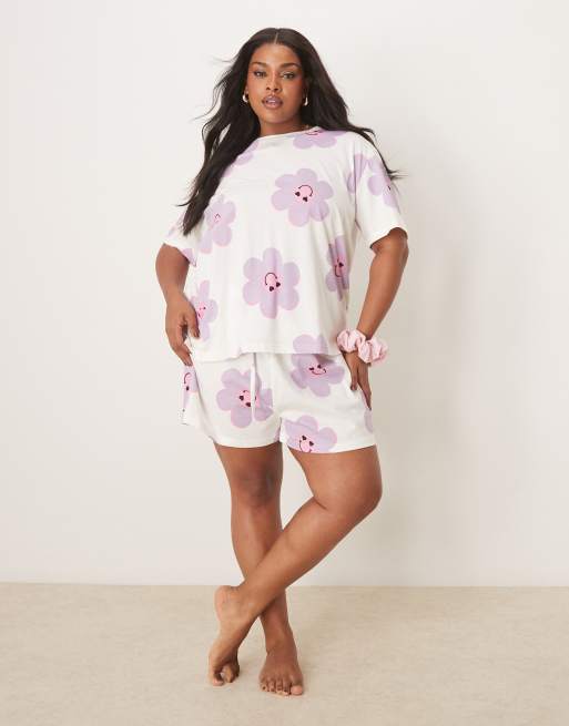 ASOS DESIGN Curve flower oversized tee & shorts pajama set in cream