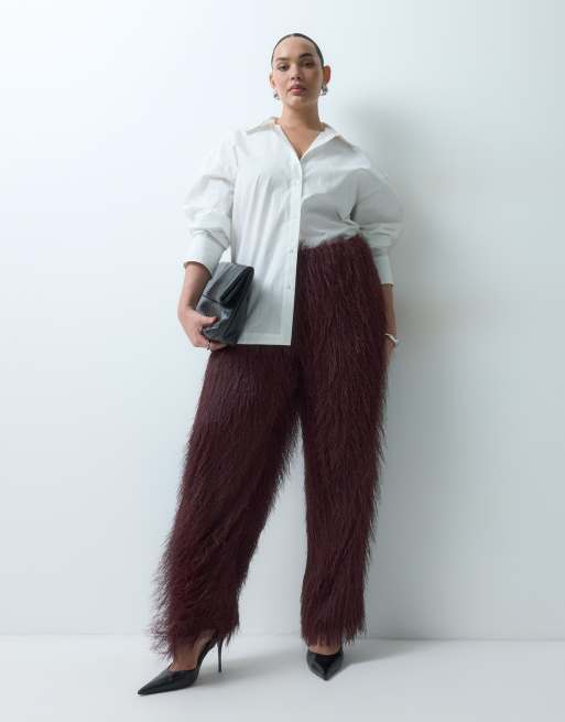 ASOS DESIGN Curve fluffy bukser med brede ben i bordeaux, 3 af 5