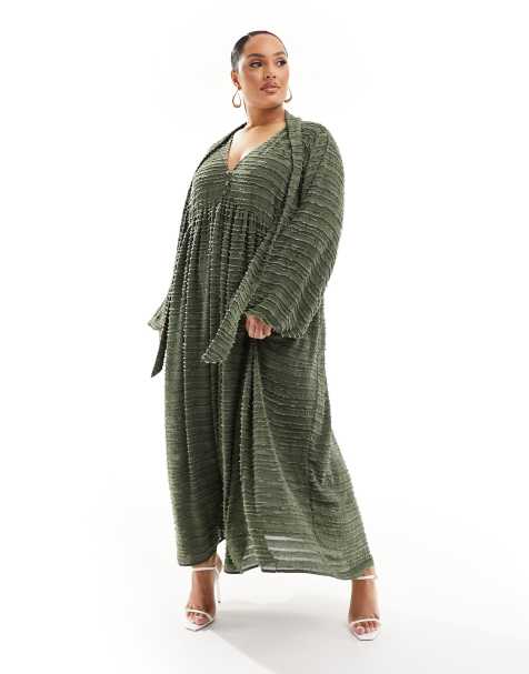 ASOS DESIGN Curve fluffy chuck on midi dress in khaki - view 1