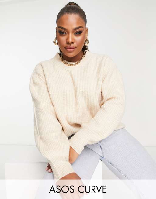 ASOS DESIGN Curve fluffy crew neck rib jumper in oatmeal