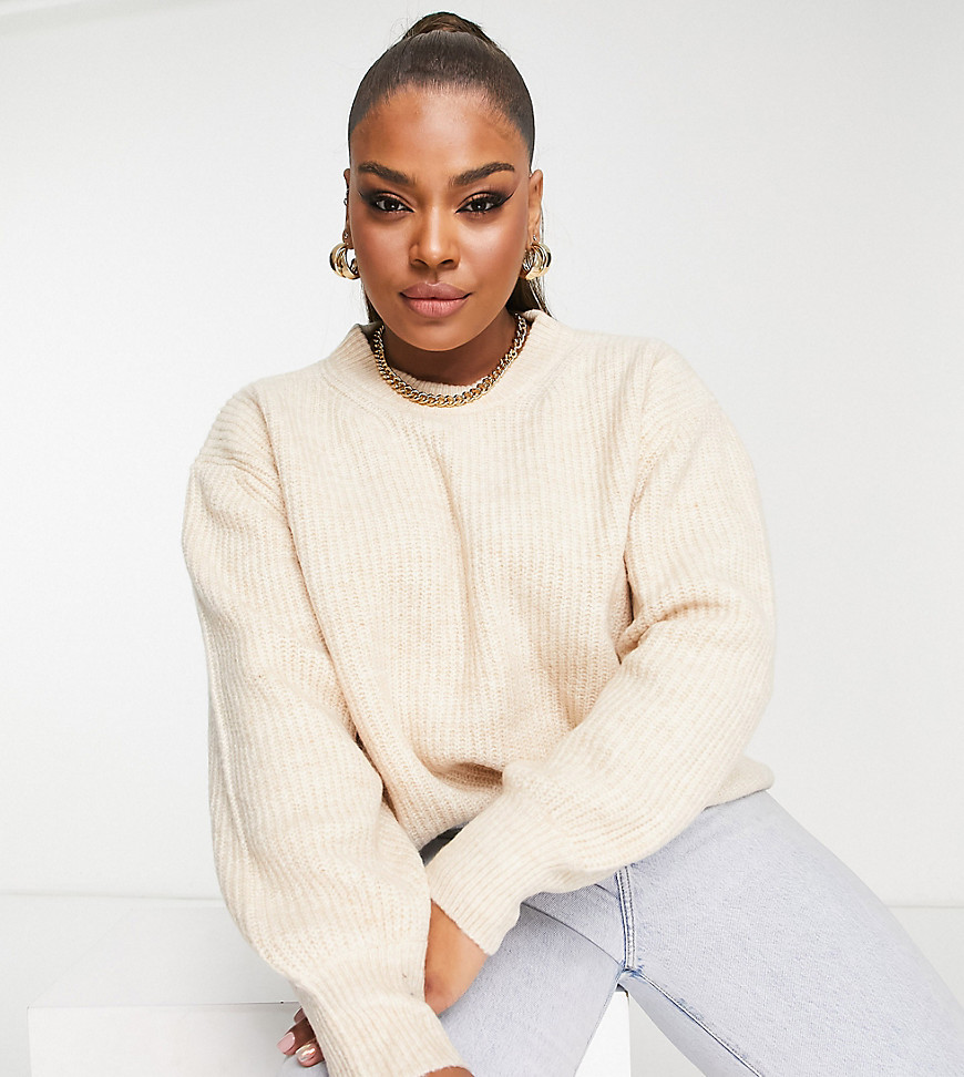 ASOS DESIGN Curve fluffy crew neck rib sweater in oatmeal-Neutral