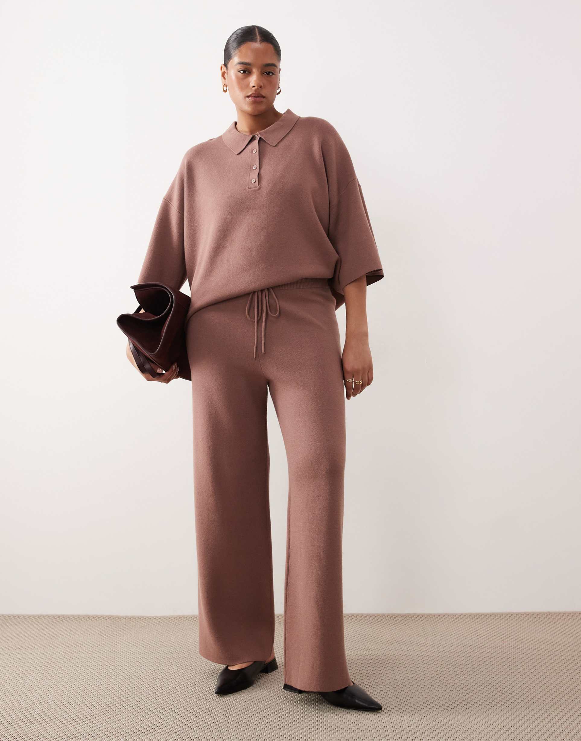 asos design curve fluffy knit wide leg pants in mocha - part of a set