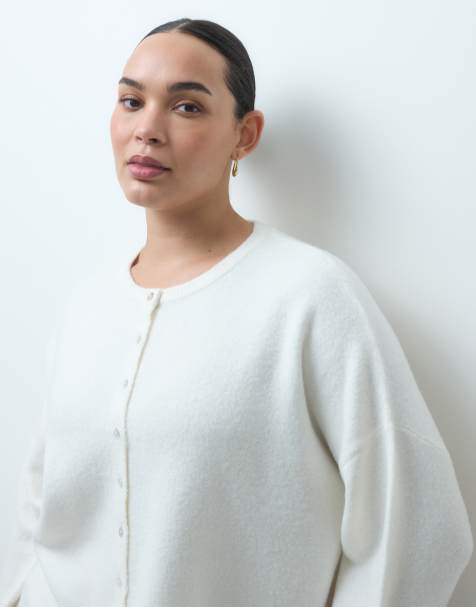 ASOS DESIGN Curve fluffy relaxed crew neck cardigan in cream - view 1