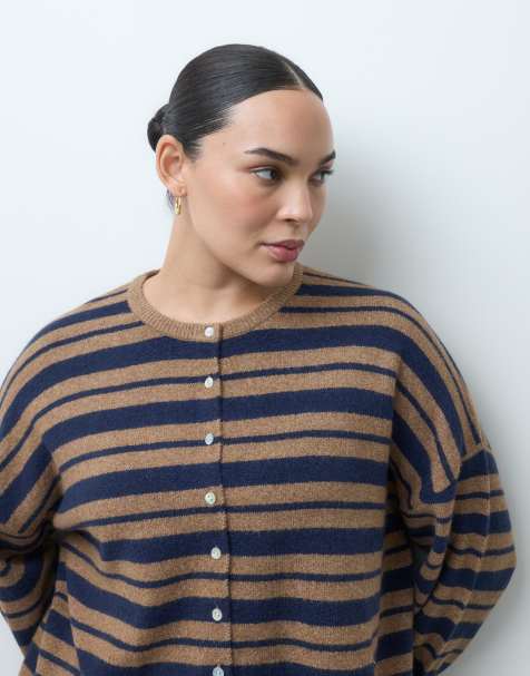 ASOS DESIGN Curve fluffy relaxed crew neck cardigan in navy and camel stripe - view 1