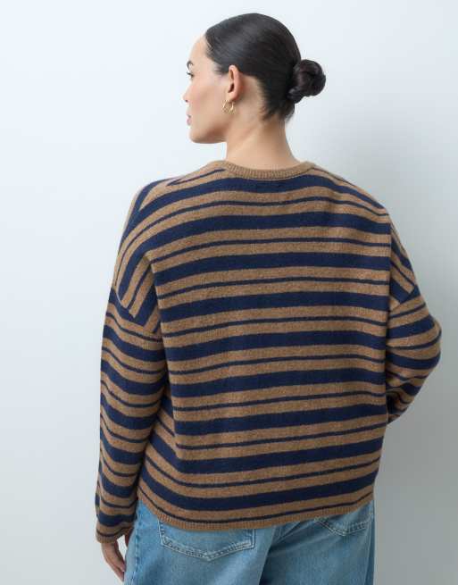 ASOS DESIGN Curve fluffy relaxed crew neck cardigan in navy and camel stripe, 4 of 4