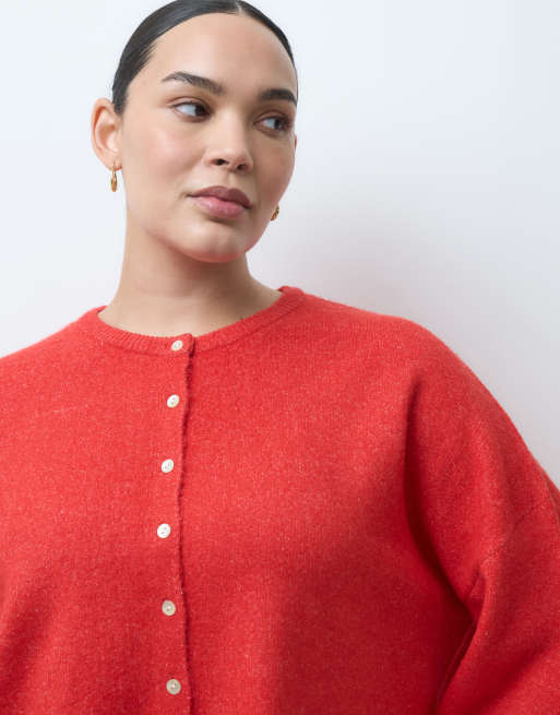 ASOS DESIGN Curve fluffy relaxed crew neck cardigan in red, 2 of 4