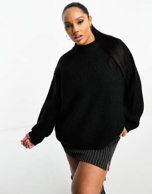 ASOS CURVE ASOS DESIGN CURVE FLUFFY RIB SWEATER WITH CREW NECK IN BLACK