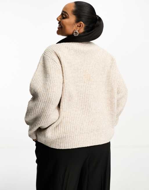 ASOS DESIGN Curve fluffy rib sweater with crew neck in oatmeal