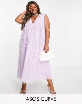 ASOS DESIGN Curve fluffy shoulder pad v neck tiered midi dress in lavender-Purple