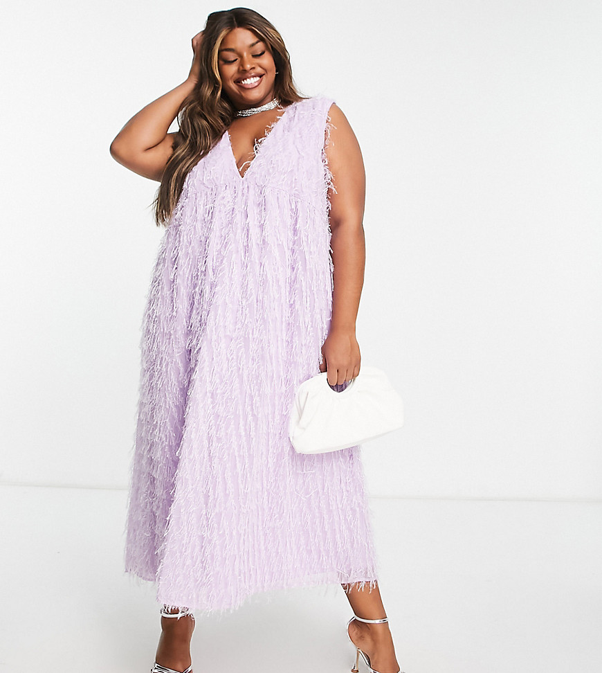 ASOS DESIGN Curve fluffy shoulder pad v neck tiered midi dress in lavender-Purple
